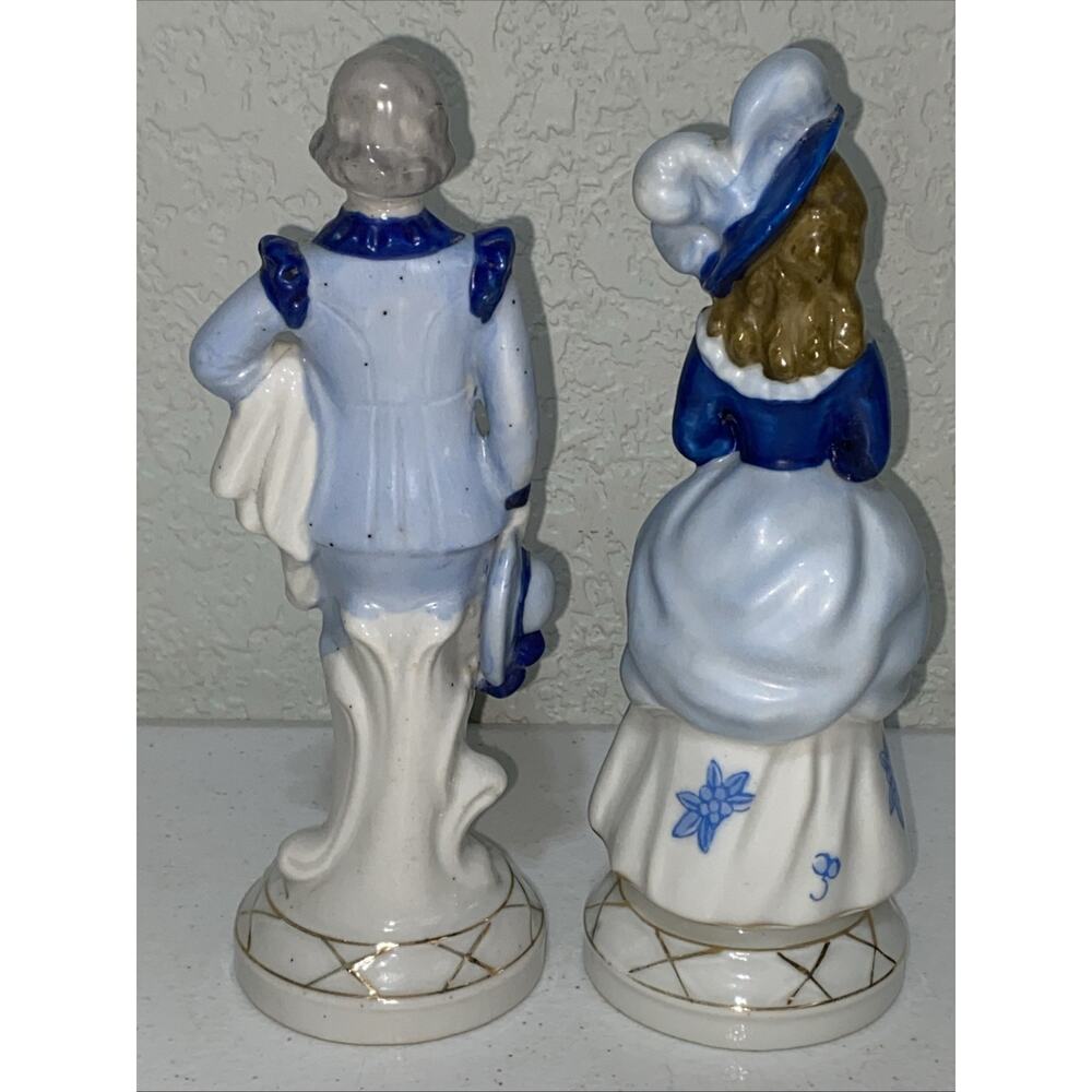 VTG Occupied Japan Blue Delft Victorian Colonial Courting Couple Man Woman 8” - Picture 2 of 9
